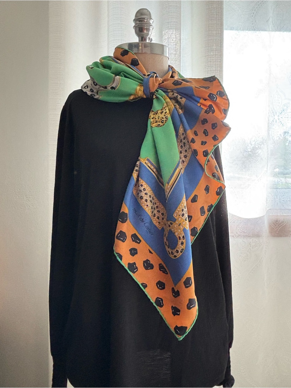 Cartier "Must de" Line Silk Scarf in Green, Blue & Orange, Vintage.